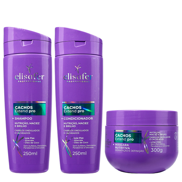 Elisafer Cachos Extend Pro Kit Shampoo Condicionador e Máscara