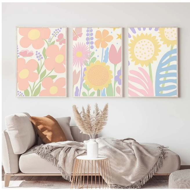 Quadros decorativos Ilustração floral Pastel dinamarquês abstrato Boho Flower (3 peças)