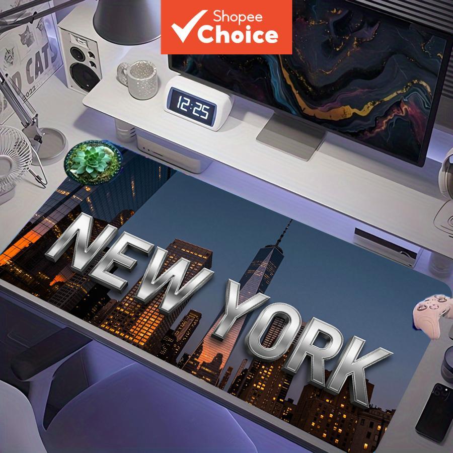 Tapete de rato para jogos estendido com a silhueta da cidade de Nova York à noite em metal 3D, tapete de mesa grande XXL
