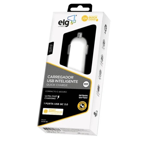 Carregador Veicular ELG Quick Charge 20W - Branco CC1S-QC
