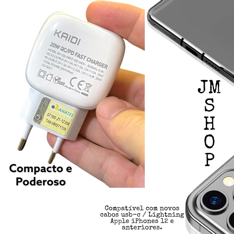 Carregador USB-c compatível iPhone 17, 16 20W PD Quick Charger - Premium Original Homologado Anatel