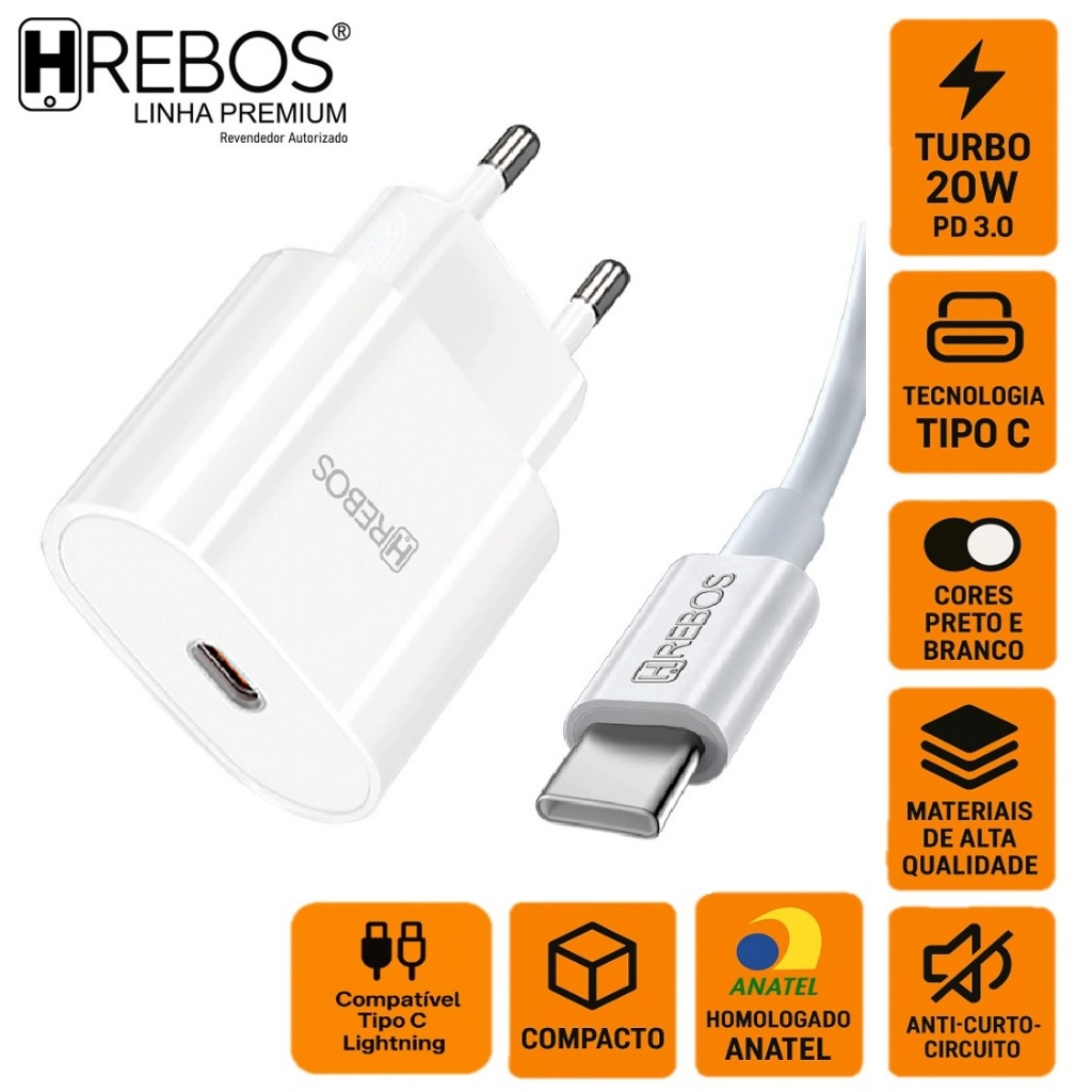 Carregador 20w Turbo Type C Iphone 15 Quick Charge Carregamento Rápido Android Iphone 15 Pro Max