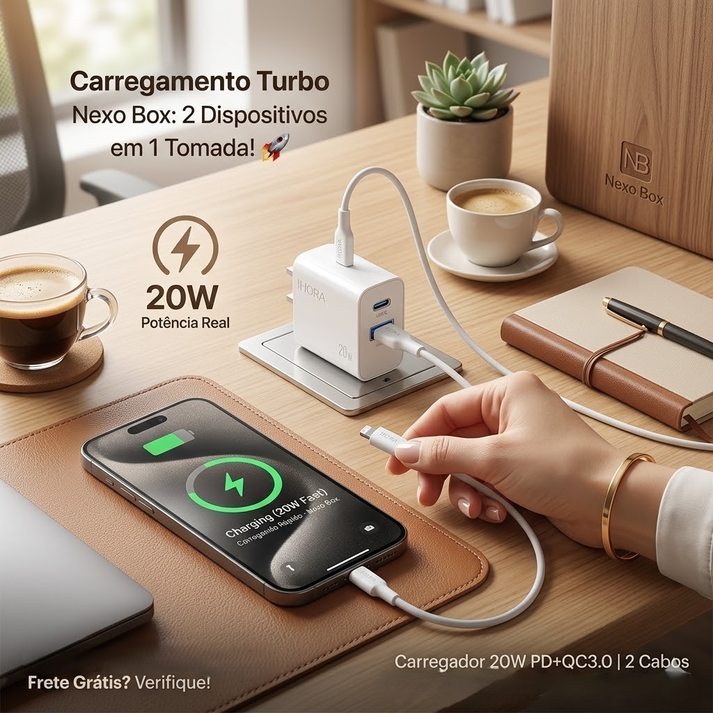 Carregador Rápido 20W USB-C PD + USB-A Quick Charge com Cabo Lightning iPhone 1HORA