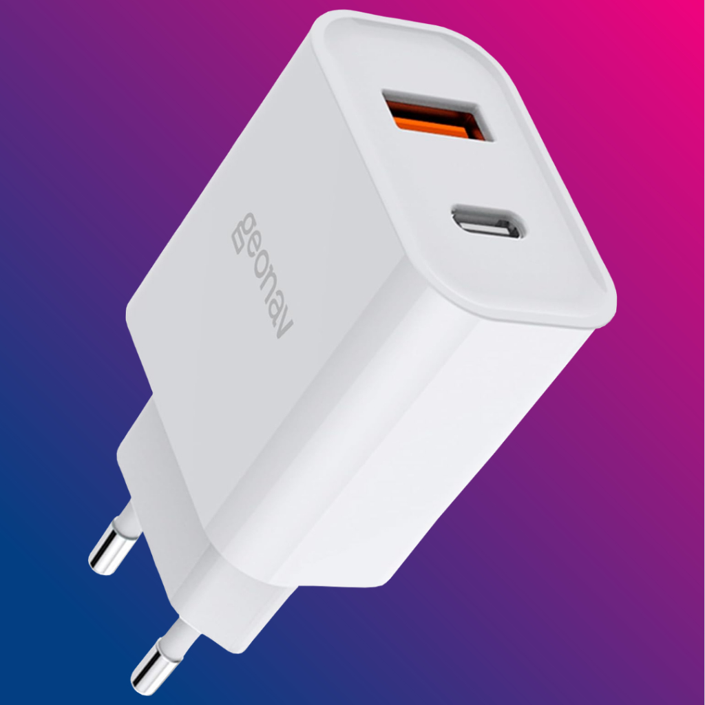 Carregador Universal Ultra Rápido Duo Geonav Branco | 1 X USB-C Power Delivery 20W, 1 X USB Quick Charge 18W