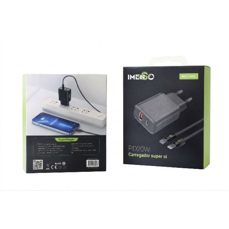 Carregador Imenso 20W Usb C e Usb A com Quick Charger Saida dupla e com Cabo