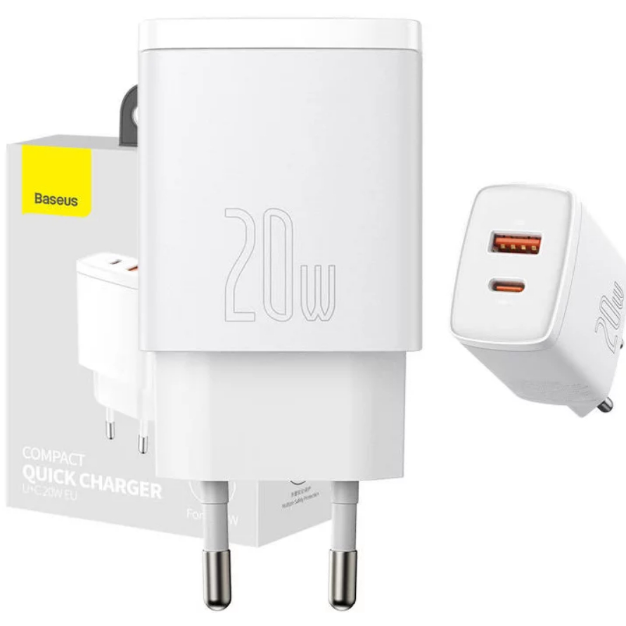 Carregador Baseus Compact Quick Charger, USB, USB-C, 20W Branco