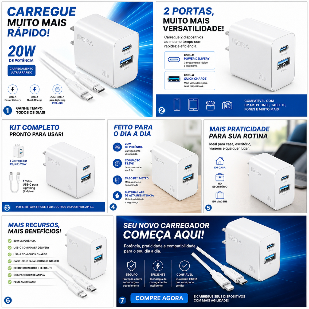 Carregador Rápido 20W USB-C PD com Cabo Lightning 1 Metro USB-A Quick Charge para iPhone iPad
