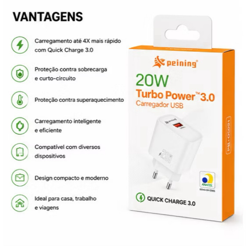 Carregador Turbo 20W Peining QC501 USB Quick Charge 3.0 Carga Rápida Homologado Anatel