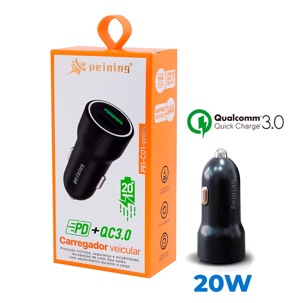 Carregador de Celular Veicular 12V Tipo C PD 20W Universal Quick Charge 3.0