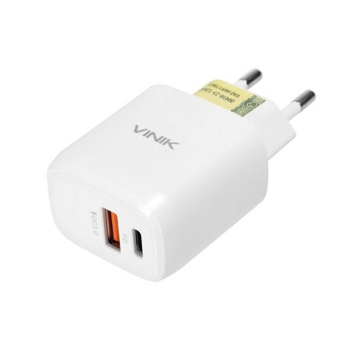 CARREGADOR DE PAREDE 20W COM DUAS SAIDAS 1 SAIDA USB 12V 1.5A QUICK CHARGE (18W) E 1 SAIDA TIPO C 12V 1.67A (20W) VINIK