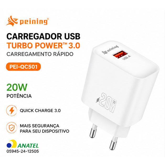 Carregador Turbo 20W Peining QC501 USB Quick Charge 3.0 Carga Rápida Homologado Anatel