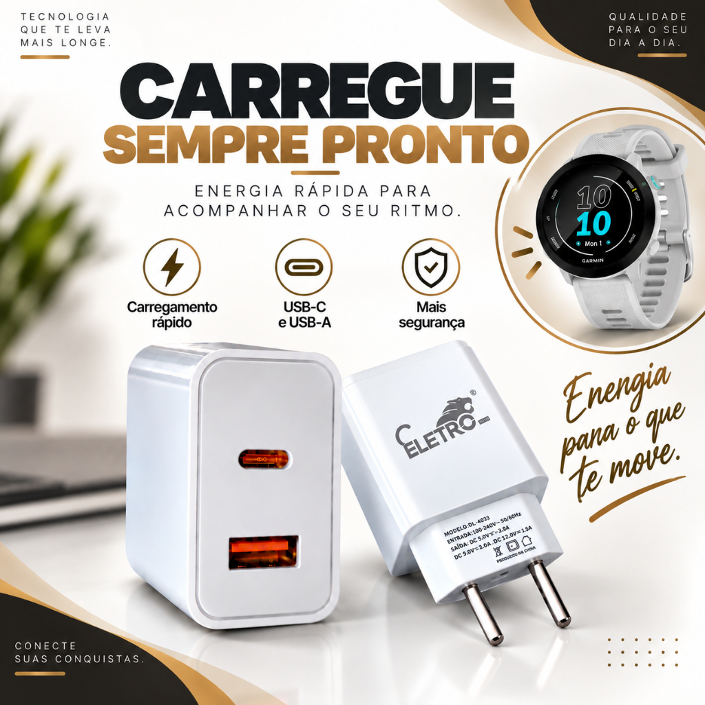 Fonte Turbo 40w Para Celular, Câmera, Tablet, Smart Watch E+