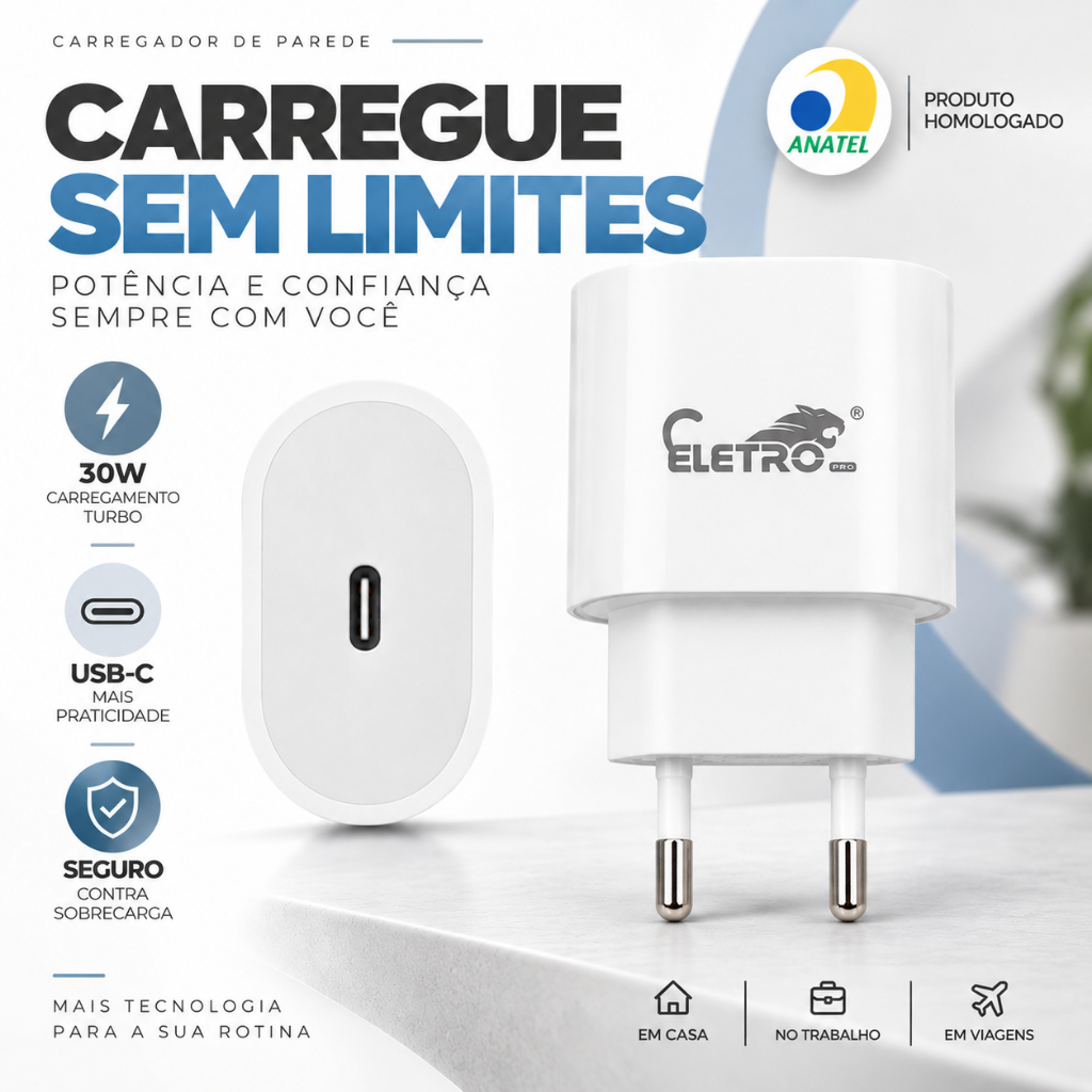 Fonte Turbo 30w Para Celular, Câmera, Tablet, Smart Watch E+