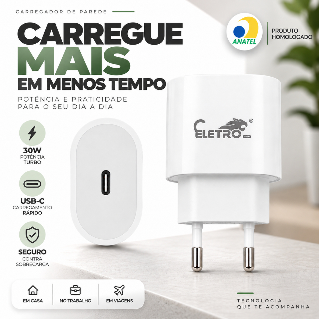 Fonte Carregador Tomada Usb Turbo 30w Para Celular, Tablet E Relógio Smart Watch