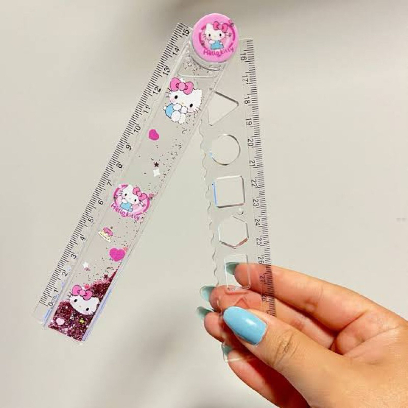 Régua Hello Kitty Articulada 30cm Rosa com Glitter e Moldes Kawaii