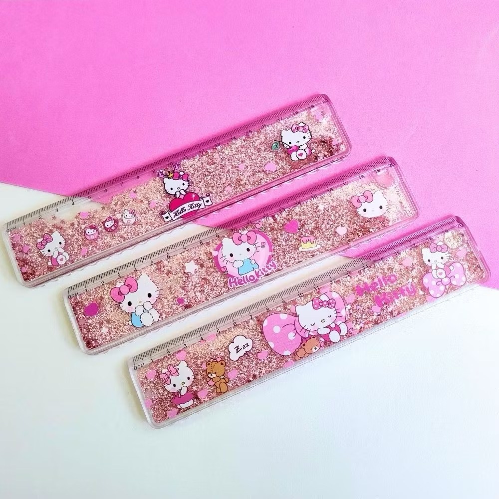 Régua Hello Kitty Dobrável Água Glitter Brilho Transparente 20cm Kawaii Papelaria Fofa Escola