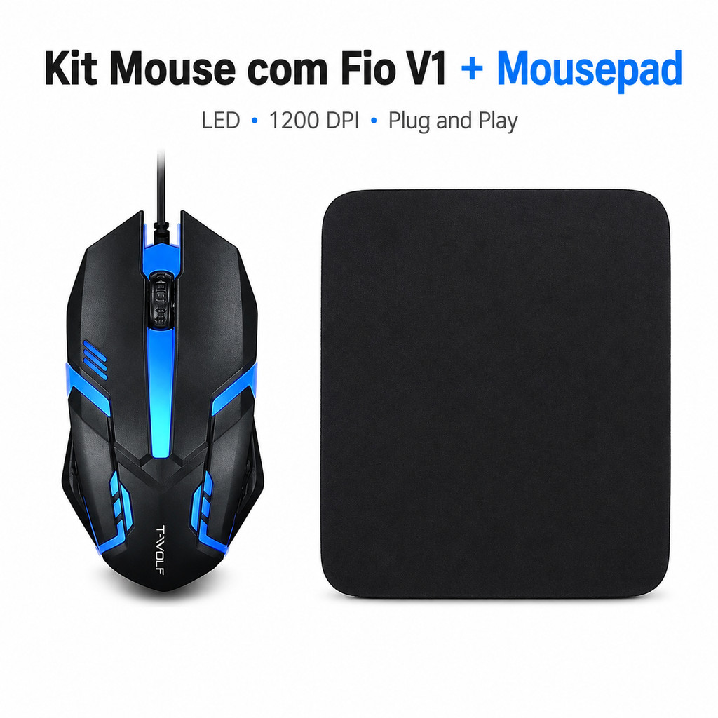 Kit Mouse com Fio V1 LED 1200 DPI + Mousepad para PC Escritório e Home Office