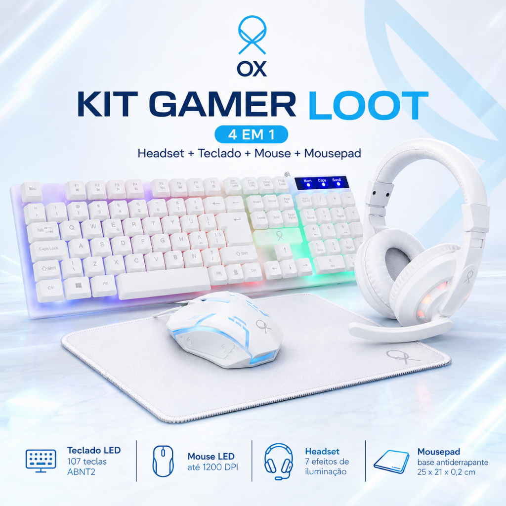 Kit Gamer OX Loot com Headset + Teclado + Mouse 1200DPI + Mousepad Branco