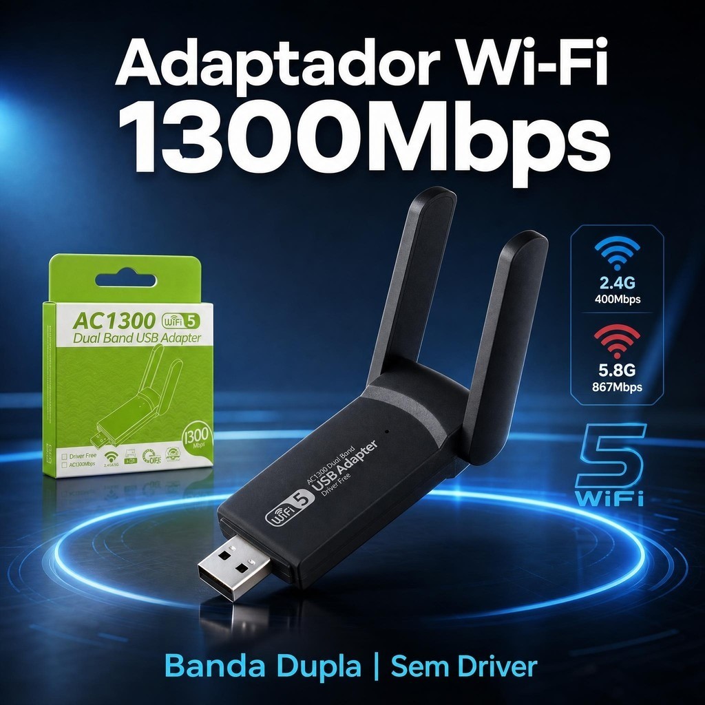 Adaptador Wifi USB 1300Mbps Sem Driver Dual Band 2.4G + 5G Preto ABS para PC Notebook