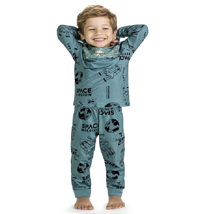 Pijama Infantil Blusa Manga Longa e Calça Brilha no Escuro Space Azul – Kyly