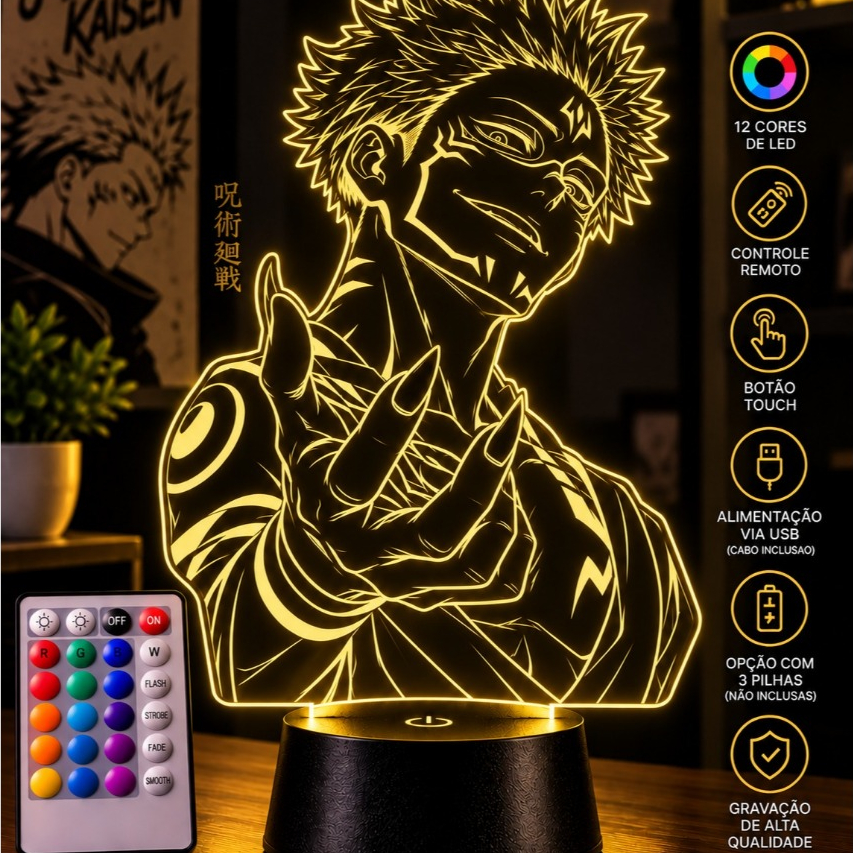 Placa Decorativa LED 3D Anime Guerreiro 12 Cores RGB Touch com Controle
