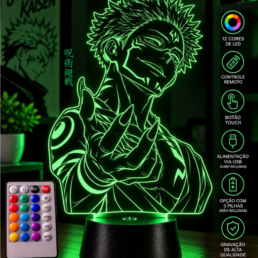 Placa Decorativa LED 3D Guerreiro Anime RGB 12 Cores com Controle Remoto