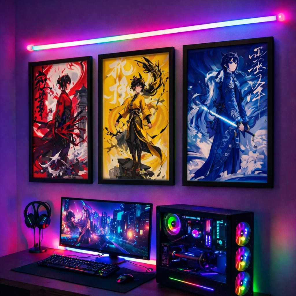 Kit 3 Quadros Anime Samurai Gamer RGB Neon Decoração Quarto