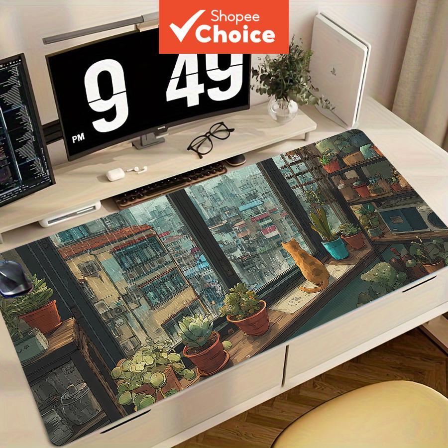 Mousepad de jogos estendido para gatos e plantas na janela de uma cidade chuvosa, tapete de mesa XXL