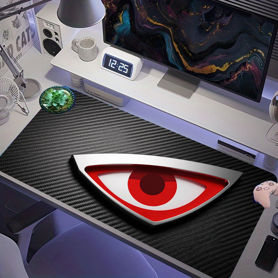 XXL Tapete de Mesa com Logo 3D Olho Vermelho, Fibra de Carbono Preta, Mousepad Gamer Antiderrapante à Prova d'Água,