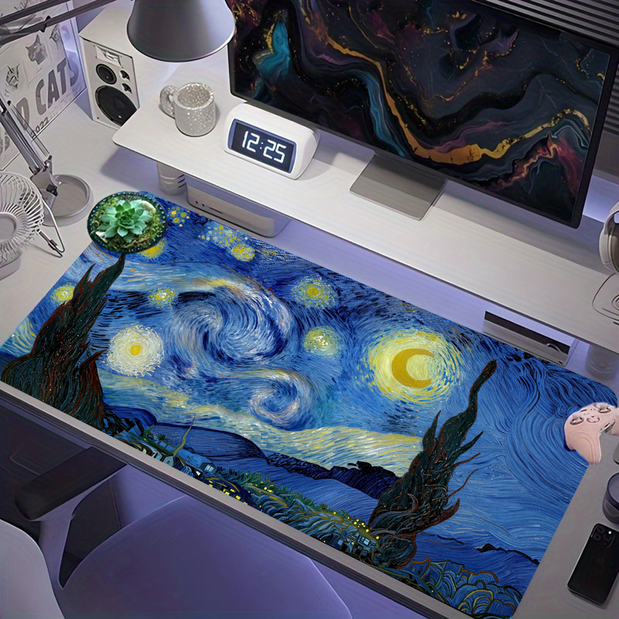 Van Gogh Noite Estrelada mousepad gamer XXL com textura artística, tapete de mesa estendido grande e base de borracha
