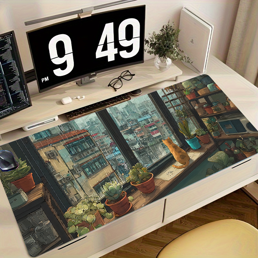 Mousepad de jogos estendido XXL para cidade chuvosa com janela de gato e plantas, tapete de mesa
