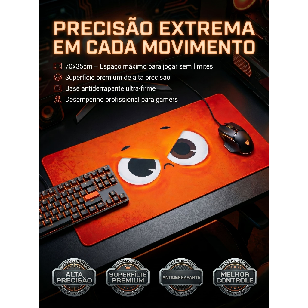 Mousepad Gamer Laranja 70x35cm XXL Alta Precisão Antiderrapante Para Teclado e Mouse Pro Setup