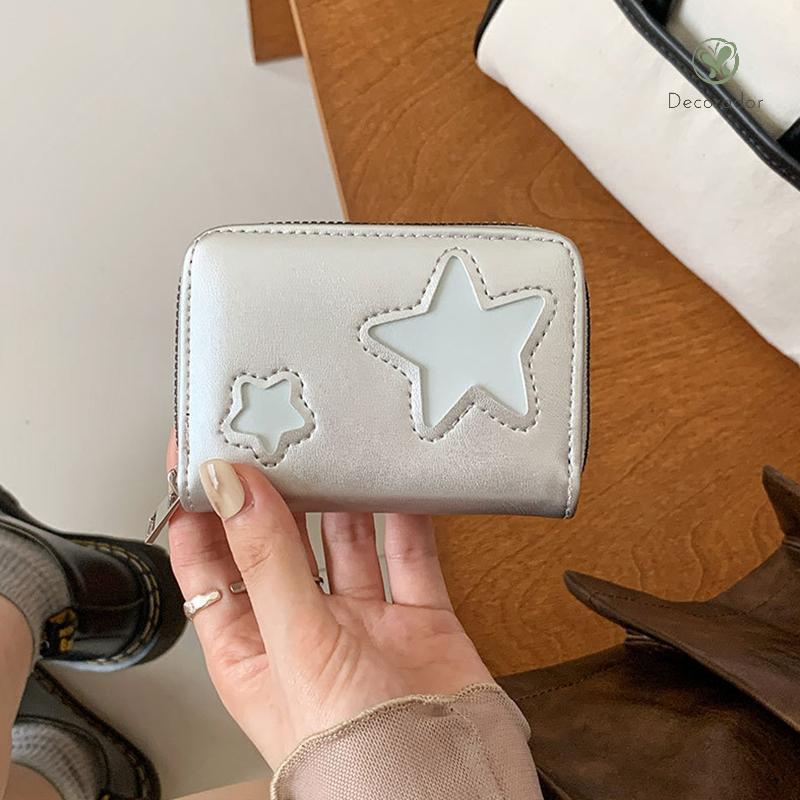 Decorador Silver Star Girls Carteira Curta Mulheres Porta-Cartões De Estudante Bolsa De Moedas Com Zíper