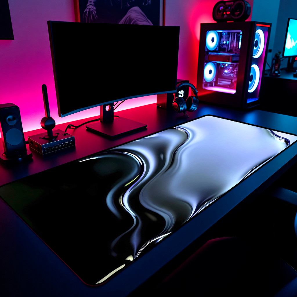 Mouse Pad Gamer Abstrato Metal Liquido Azul 65x30cm 80x40cm 90x50cm 120x60cm Borda Costurada