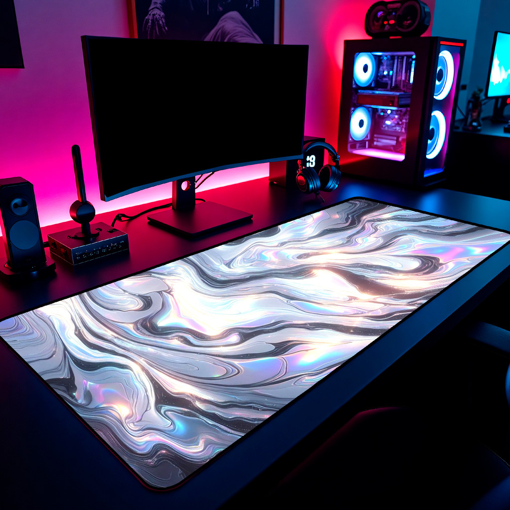 Mouse Pad Gamer Metal Liquido Holografico 65x30cm 80x40cm 90x50cm 120x60cm Borda Costurada