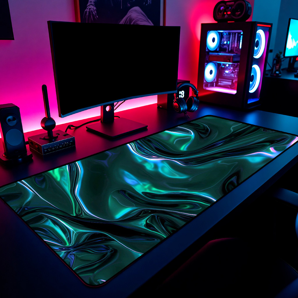 Mouse Pad Gamer Metal Líquido Verde Esmeralda 65x30cm 80x40cm 90x50cm 120x60cm Borda Costurada