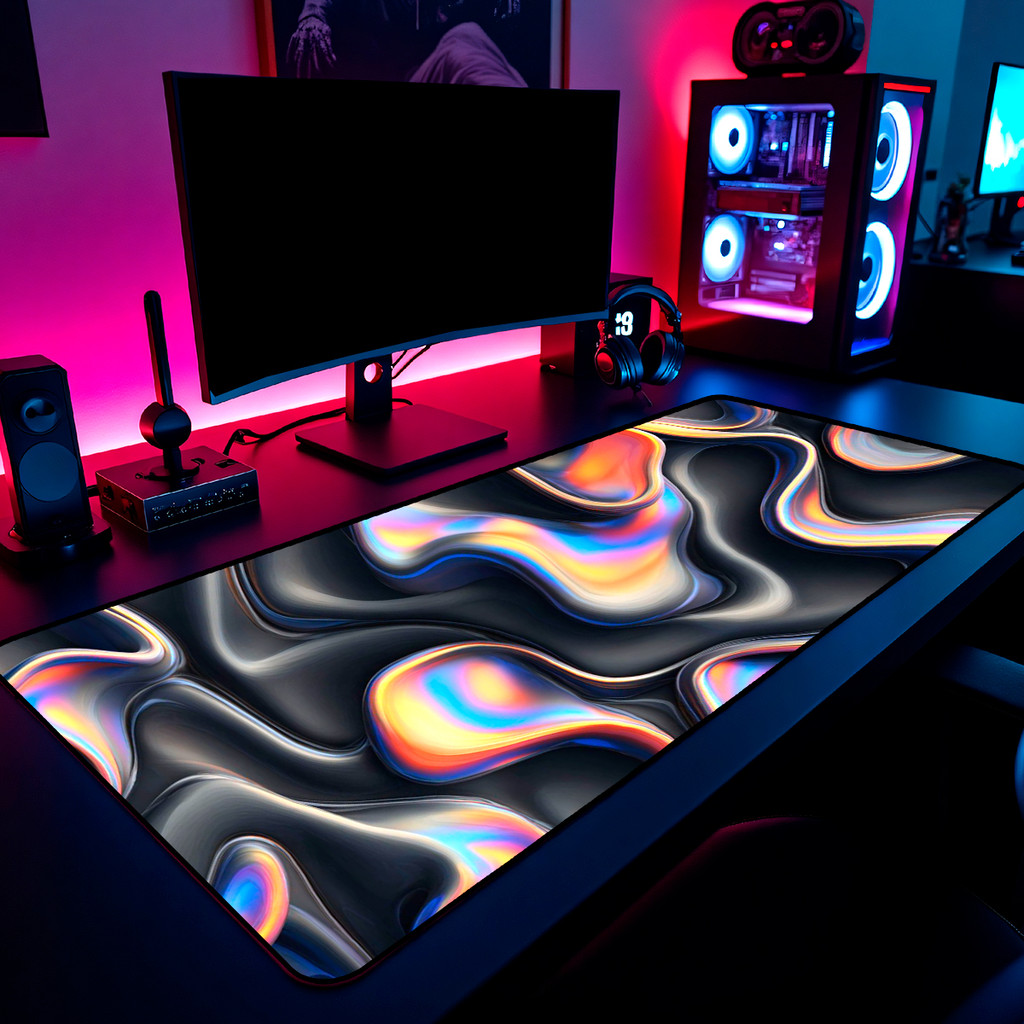 Mouse Pad Gamer Metal Líquido Iridescente 65x30cm 80x40cm 90x50cm 120x60cm Borda Costurada