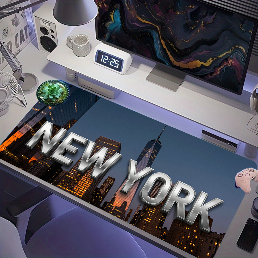 3D Metal Nova Iorque Texto Manhattan Arranha-Céu Cidade Noturna Skyline Mouse Pad Gamer Estendido XXL Grande Tapete de