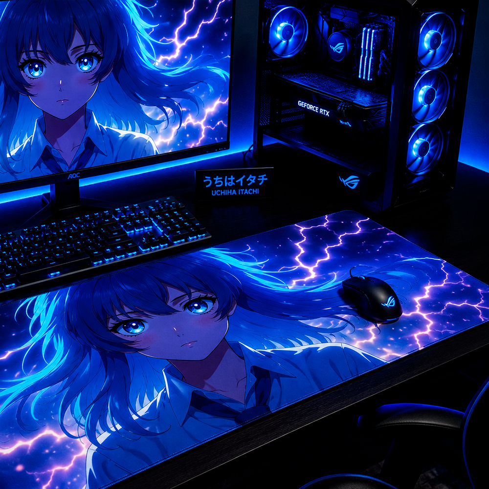 Mouse Pad Gamer Personalizado Menina Girl Azul Anime Grande RGB Anime Exclusivo 80x30cm Confortável e Preciso