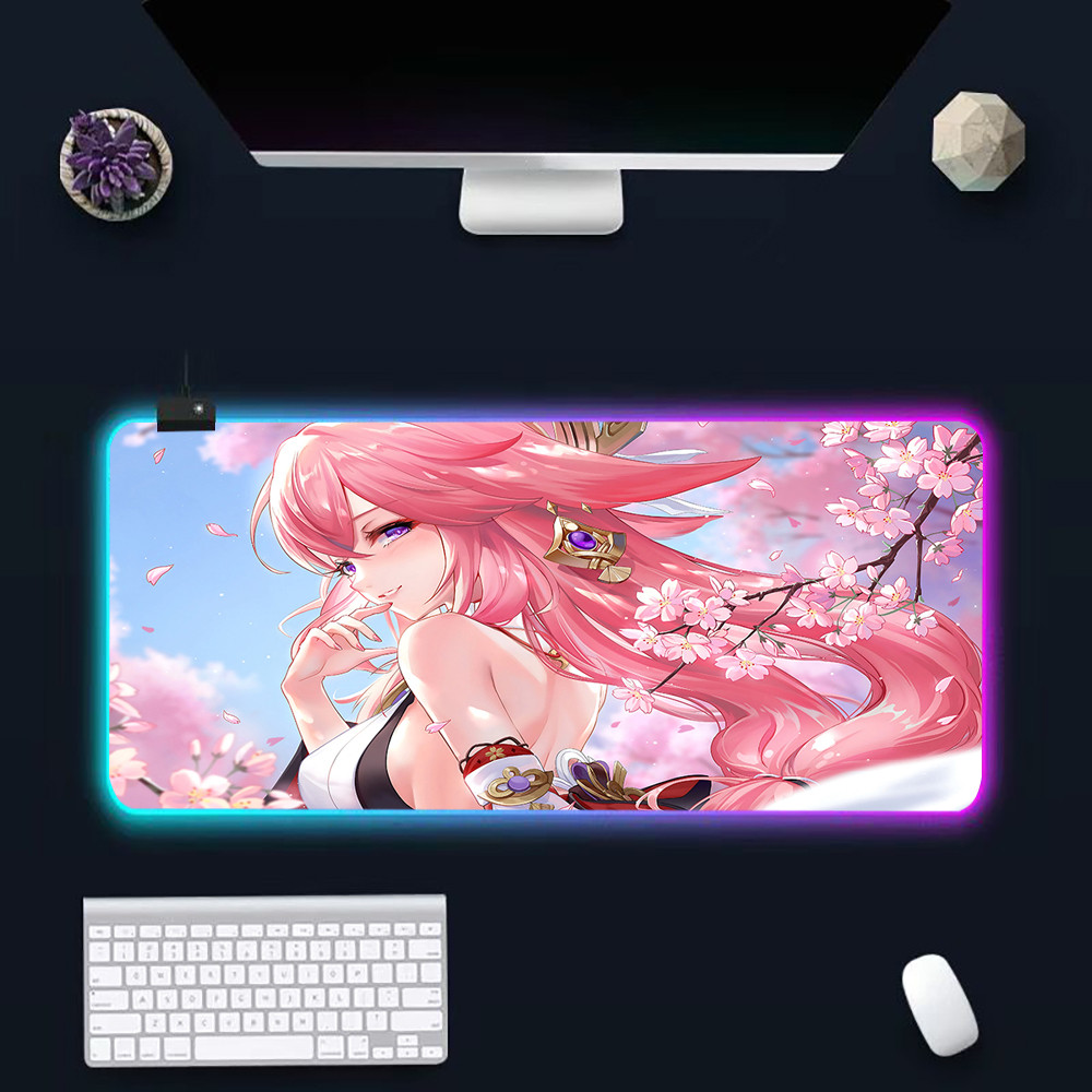 RGB LED Rosa Anime Girl Grande Mouse Pad Para Jogos , Tapete De Mesa De Borracha Antiderrapante , Teclado Estendido À Pr