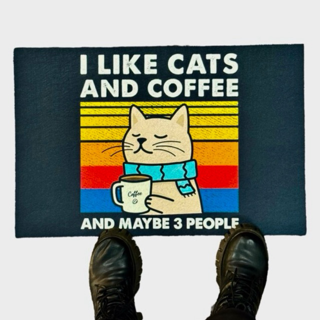 Tapete capacho para porta de entrada divertido - I like cats and Coffee
