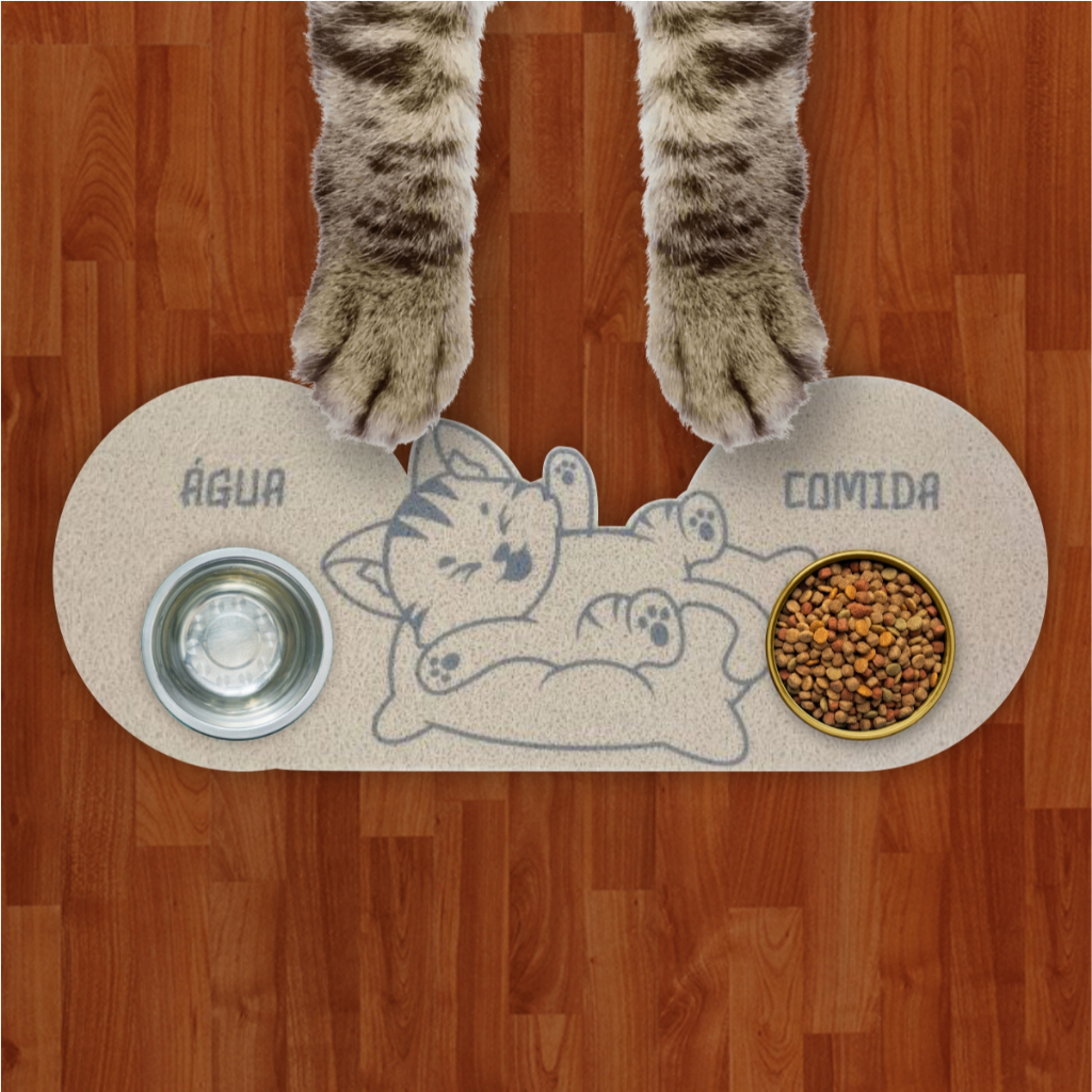 Capacho Tapete Comedouro Para Agua e Comida Estampado Cat Prata Premium LAPD103