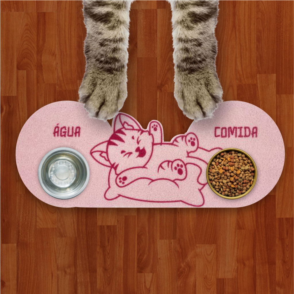Tapete Capacho Para Pet Comedouro Comida e Agua Estampado  Cat Rosa Bebe LAPD105