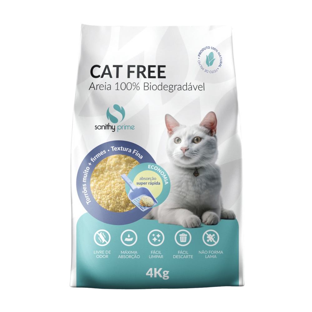 Areia Cat Free Biodegradável Gatos Sanithy Prime Finos 4kg