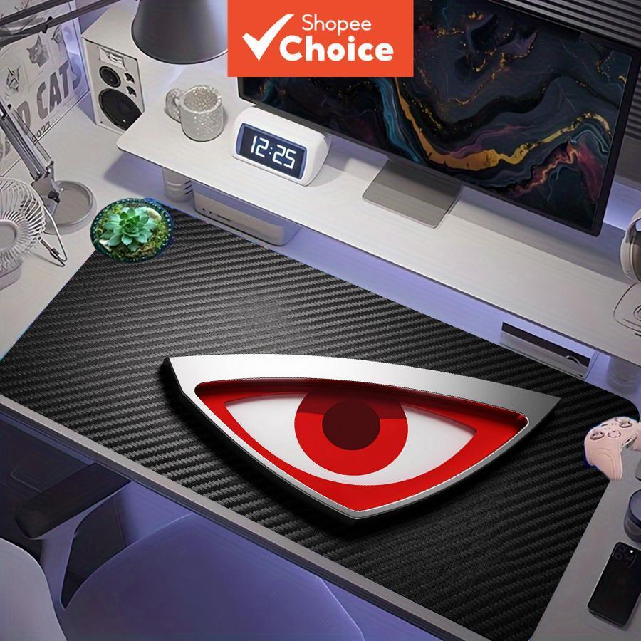 XXL Tapete de Mesa com Logo Olhos Vermelhos 3D, Fibra de Carbono Preta, Mouse Pad Gamer Antiderrapante, Impermeável,