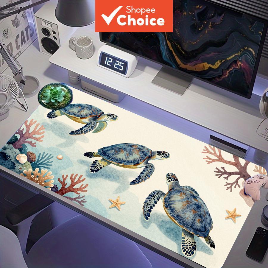 Tartarugas Marinhas em Aquarela, Coral e Estrela-do-mar, Mouse Pad Gamer XXL para Mesa