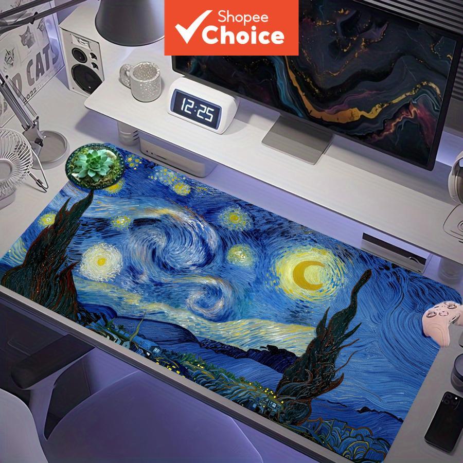 Van Gogh Noite Estrelada arte texturizada mouse pad gamer XXL grande tapete de mesa de teclado estendido com base de