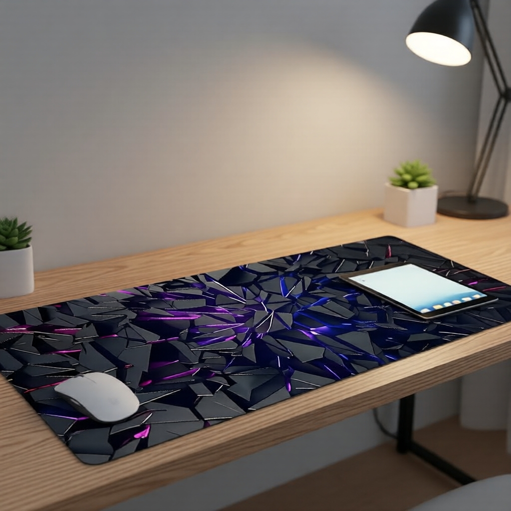 XXL Tapete de Rato Gamer 3D com Fragmentos de Cristal - Tapete de Mesa Tecnológico Roxo e Azul
