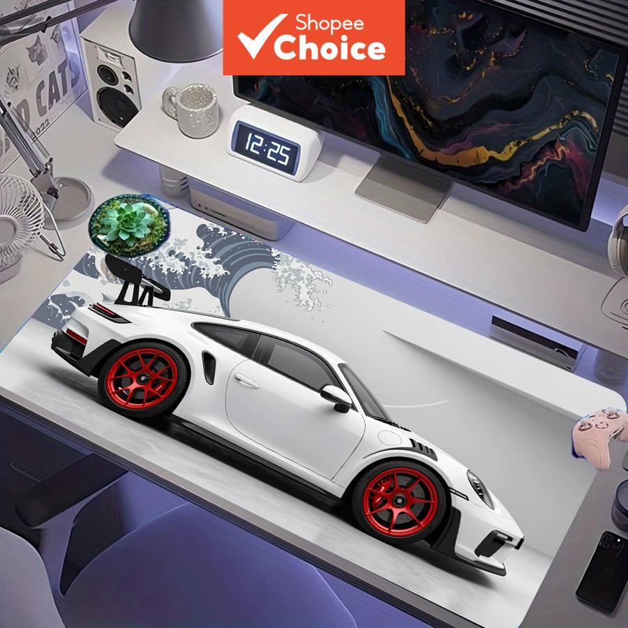 Mouse pad gamer grande com design de carro esportivo branco com rodas vermelhas e ondas japonesas, XXL
