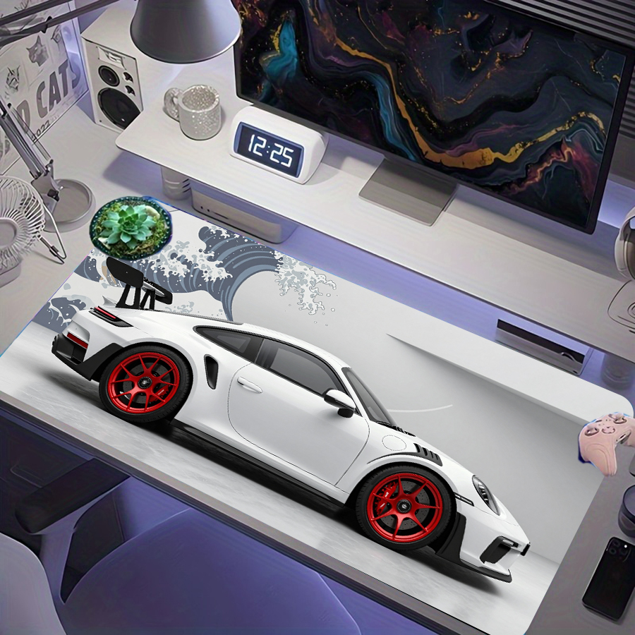 Carro esportivo branco com rodas vermelhas e onda japonesa - Mouse pad gamer estendido XXL
